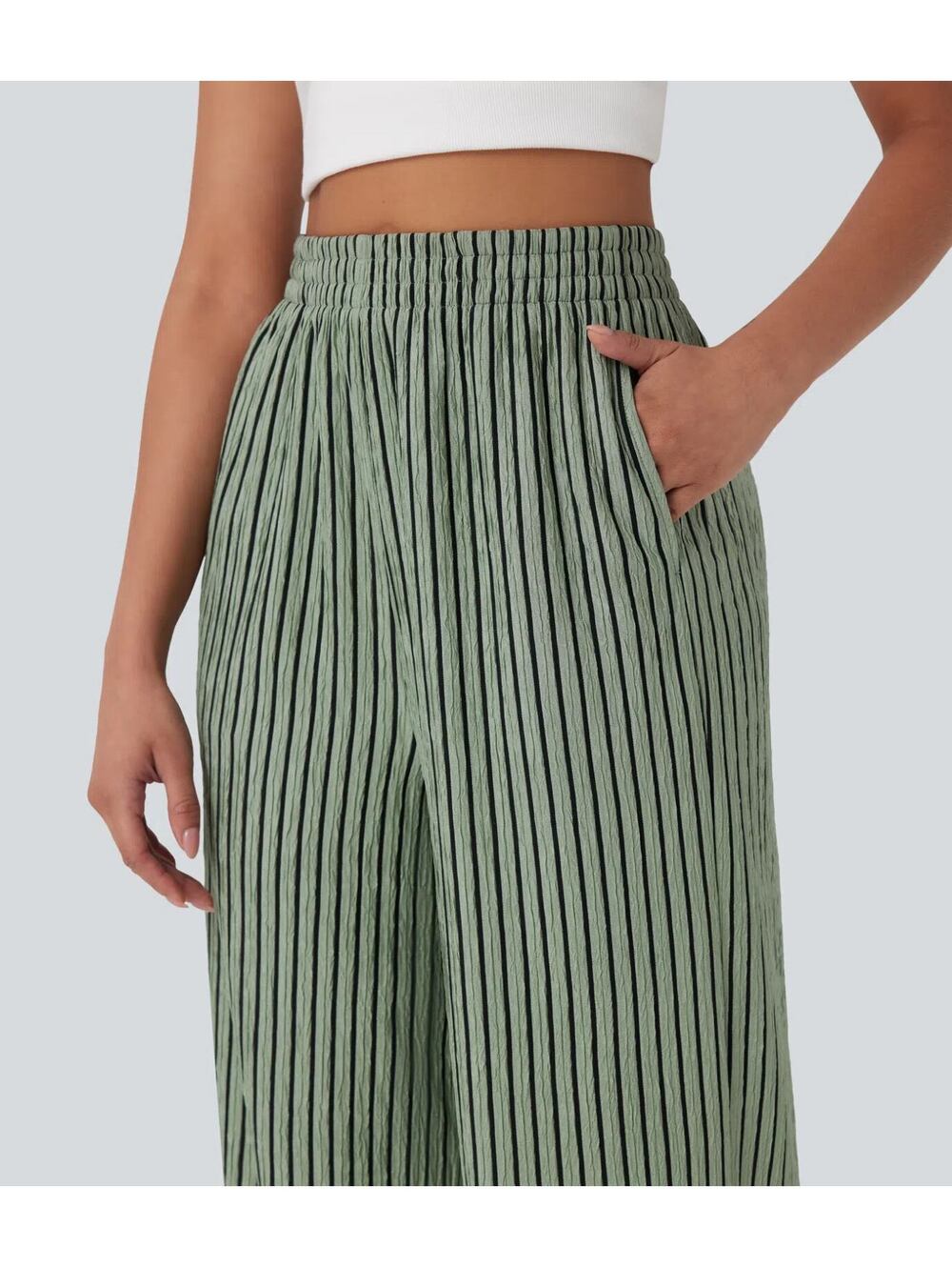 Halara High Waisted Straight Leg Crinkle Casual Pants Green Black Stripes Size M - Picture 7 of 8